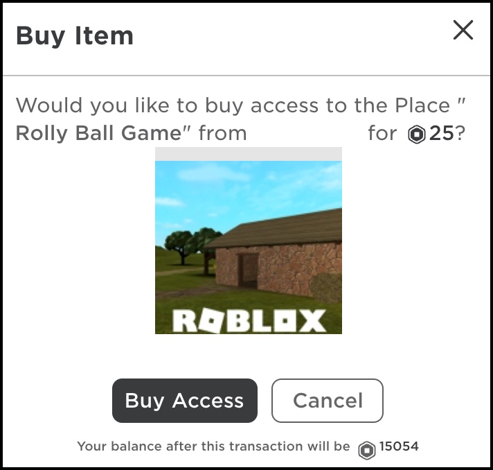 An example image of the Buy Item dialog that a user will see when they try to pay the Paid Access fee for an experience.