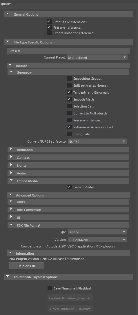 An example image of an options menu with maya export settings.