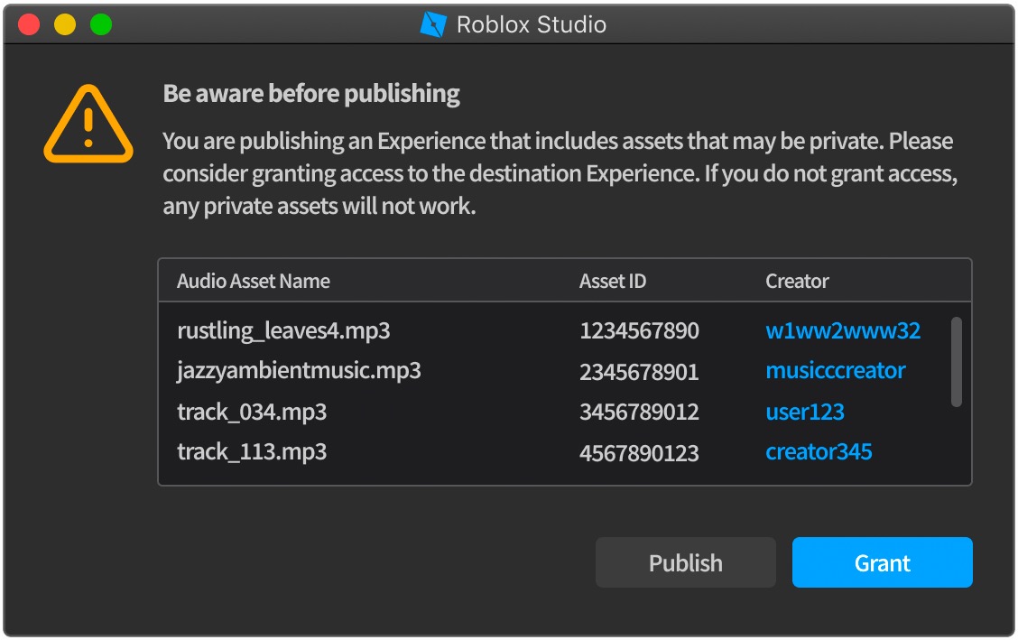 On publish asset permission pop-up.