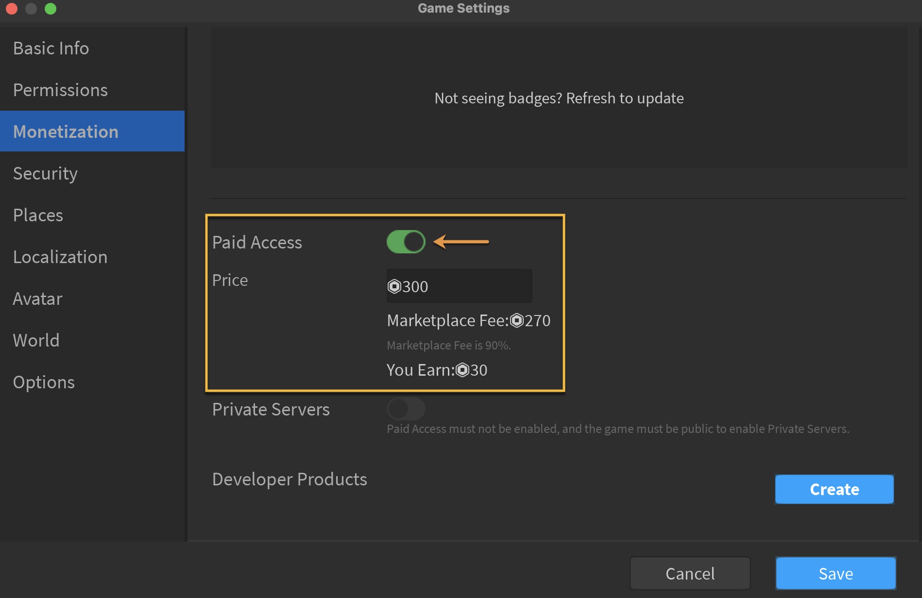 An example image of the Game Settings dialog with the Paid Access toggle and settings highlighted.