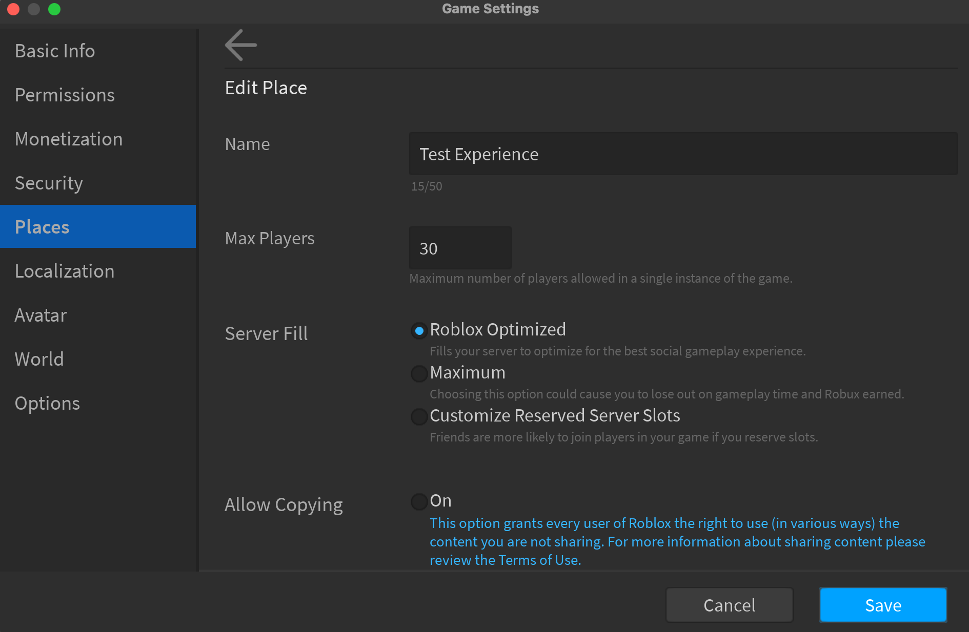 An example image of the Game Settings Dialog in the Edit Place section.
