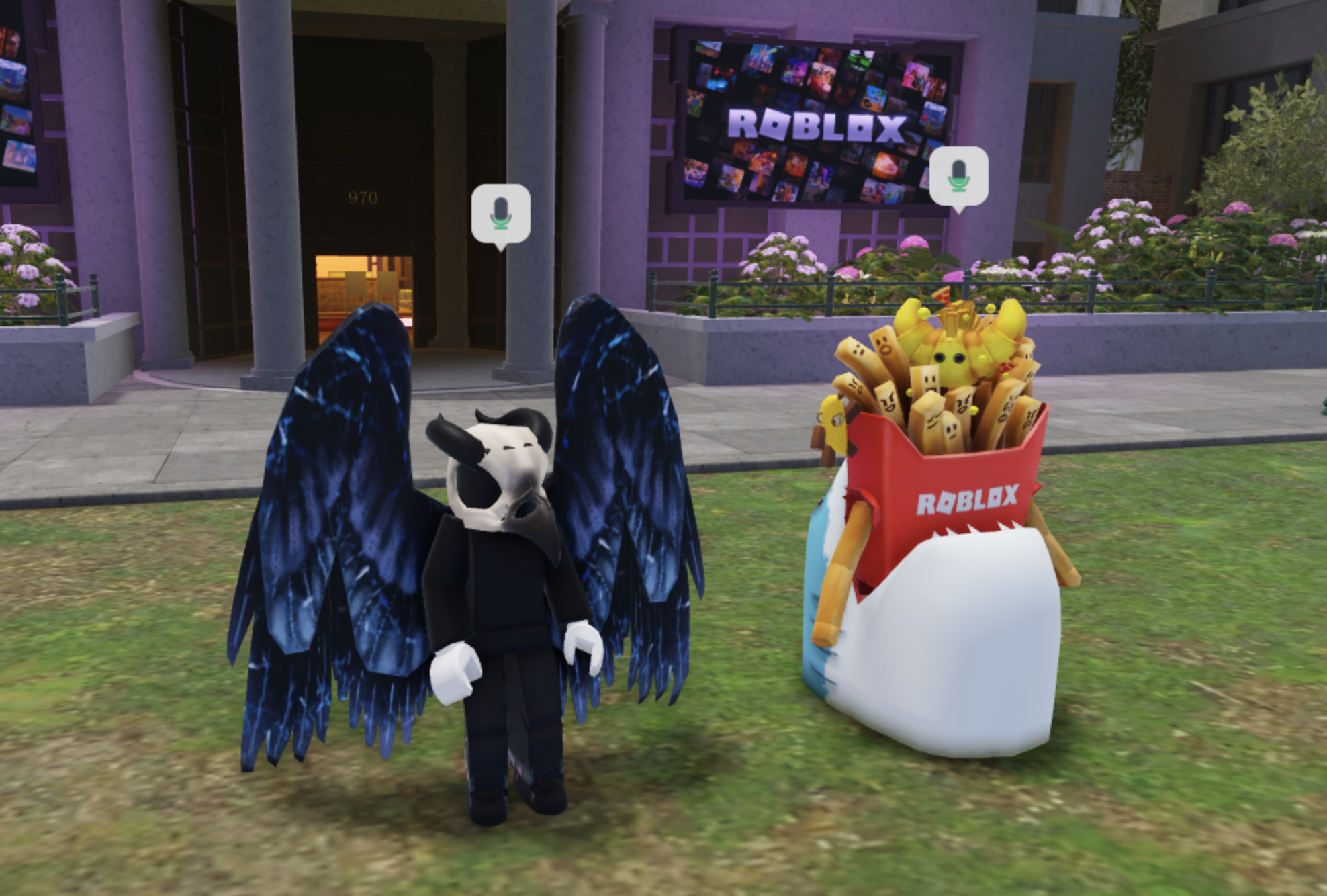 An example image of two players using the Spatial Chat feature with microphone icons above their heads.