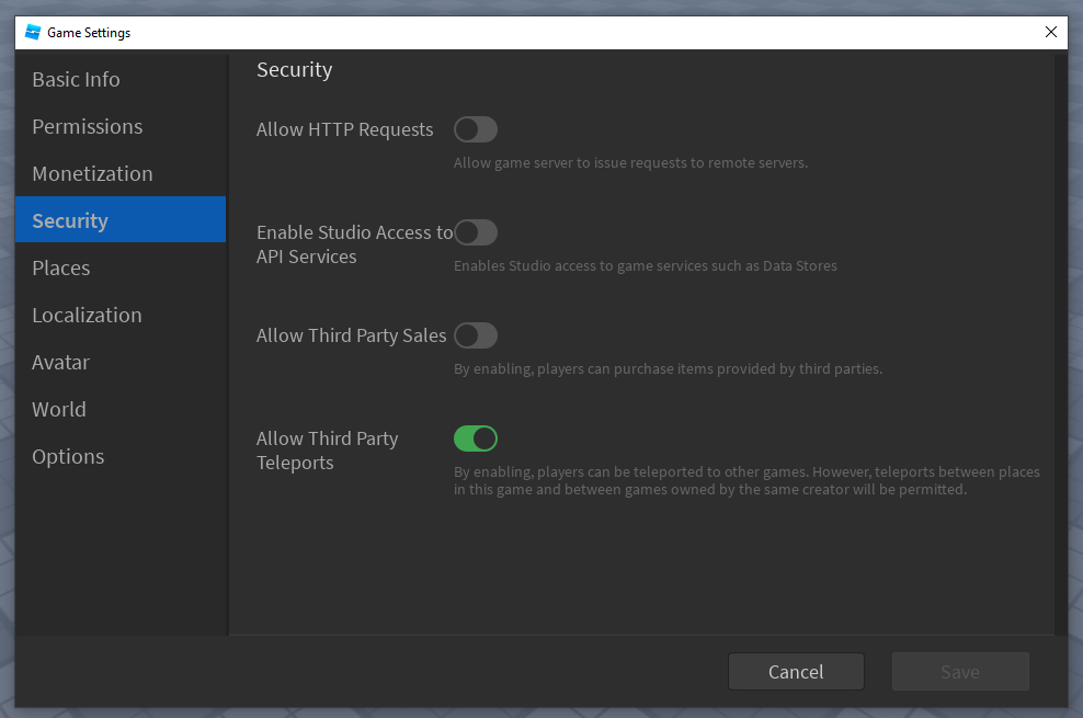 Enabling Allow Third Party Teleports in Game Settings
