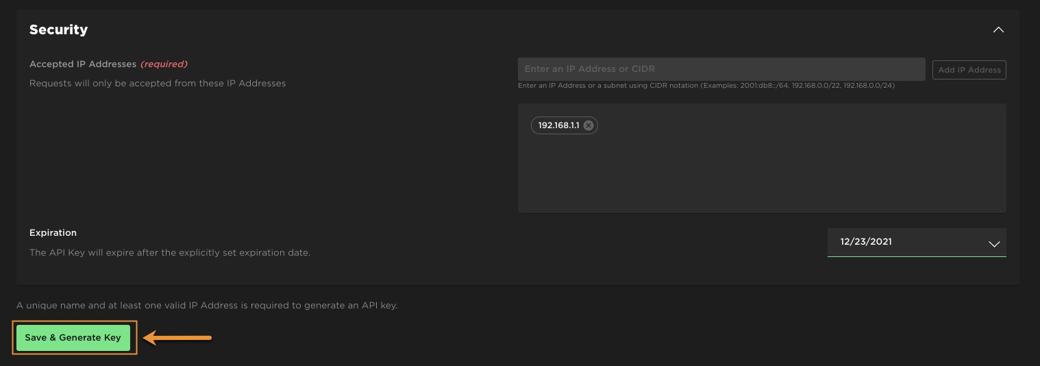 An example image of the Security section of the Credentials page with the Save and Generate Key button highlighted.