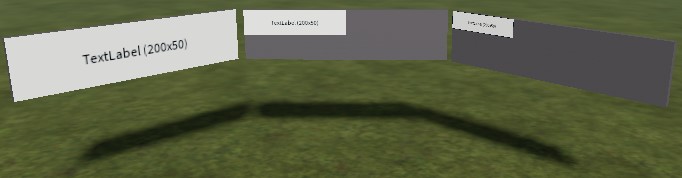 Three parts with SurfaceGuis, each including a 200x50 TextLabel within them. From left-to-right, their PixelsPerStud values are 25, 50 and 75. These values cause the apparent size of each TextLabel to change.