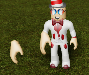 An image of a Roblox avatar with a large right hand, replaced using ReplaceBodyPartR15. How handy.