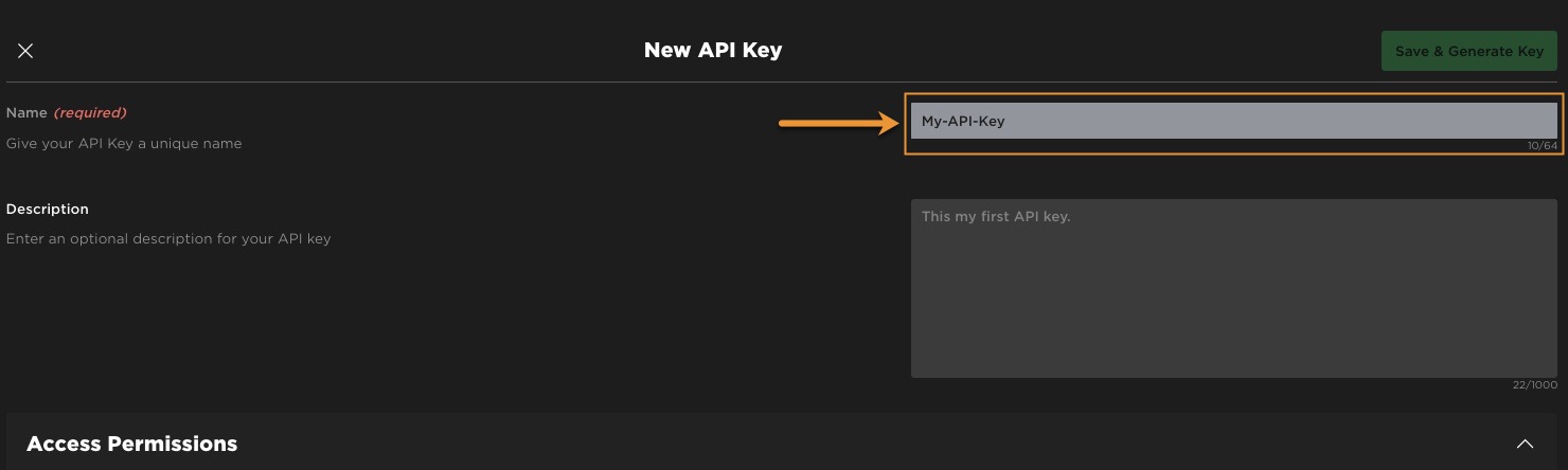 An example image of the New API Key section of the Credentials page with the Name field highlighted.