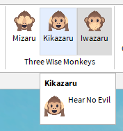 Three PluginToolbarButtons rendered on a PluginToolbar titled "Three Wise Monkeys"