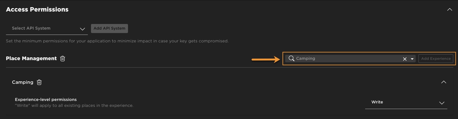 An example image of the Access Permissions section of the Credentials page with the Add Experience button highlighted.