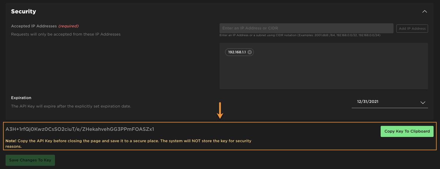 An example image of the Security sections of the Credentials page with the Copy Key highlighted.
