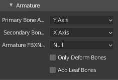 An example image of an armature dropdown menu that is expanded with blender export settings.