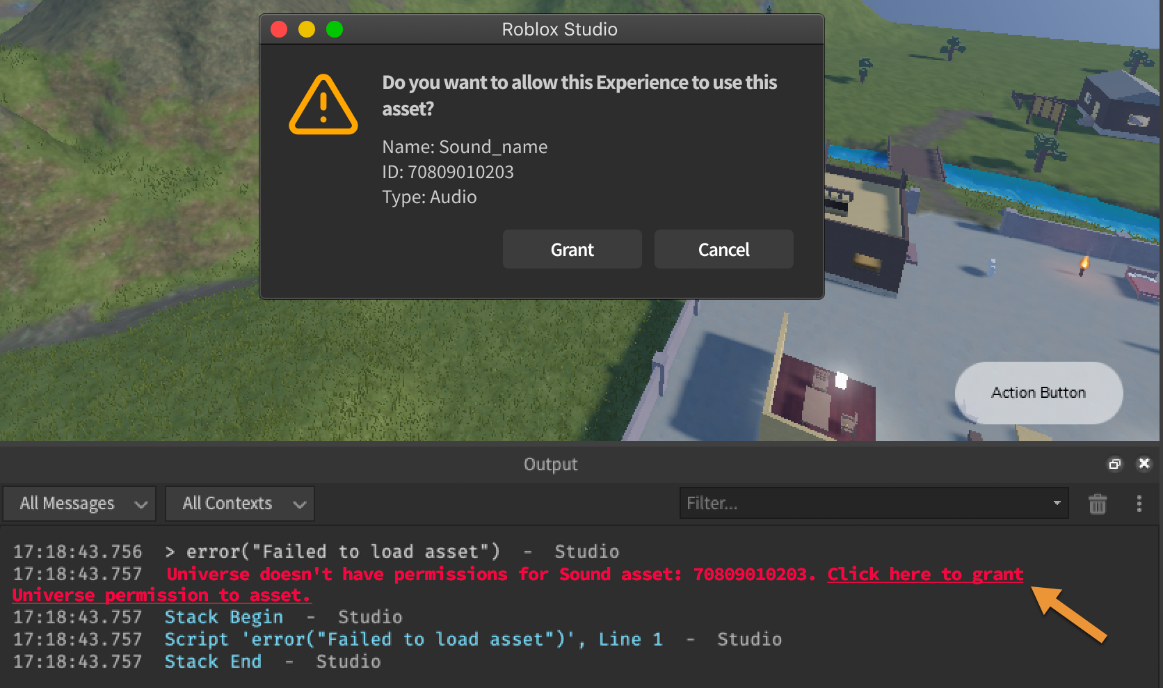 Error message asset permission pop-up.