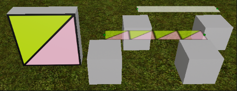 A green/pink triangle texture pictured next to a plain Beam and a Beam with the texture applied