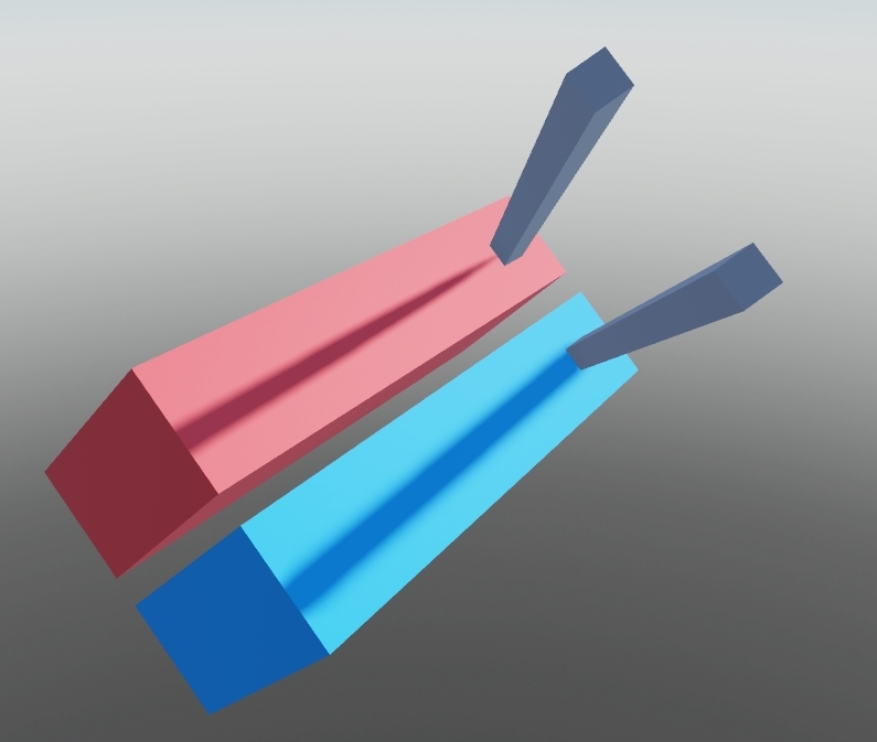 An artifacted shadow on a red part and a normal shadow on a blue part.