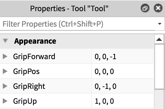 Grip properties in Studio's Properties Window