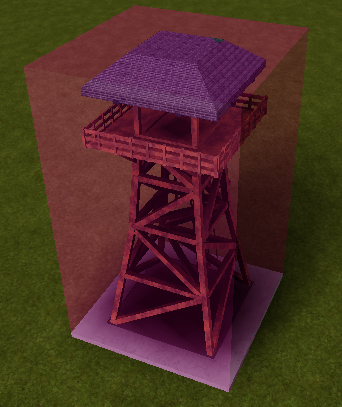 A model of an Observation Tower with a pink semitransparent part representing the volume returned by GetBoundingBox