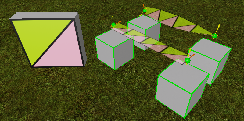 Two beams with 5 segments, wherein the foreground beam twists due to the orientation of the attachments