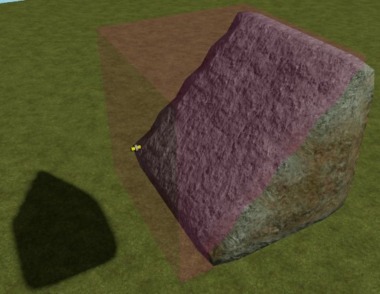 The results of a call to Terrain:FillWedge with CFrame (0, 50, 0), Size (20, 20, 20), and Material Asphalt