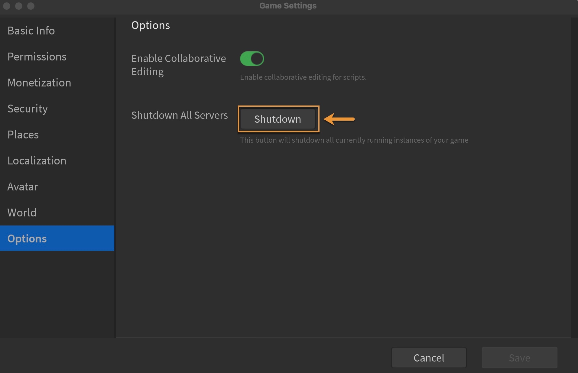 An example image of the Game Settings Dialog with the Shutdown Button highlighted.