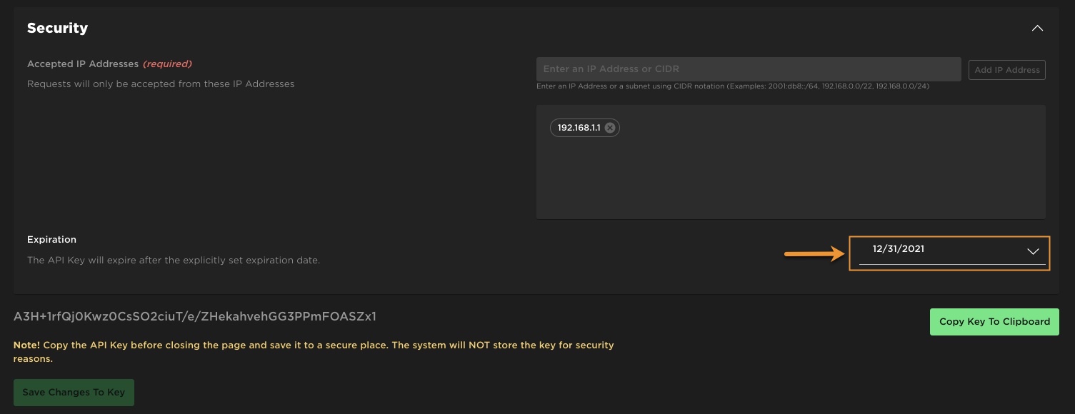 An example image of the Security section of the Credentials page with the Expiration date field highlighted.