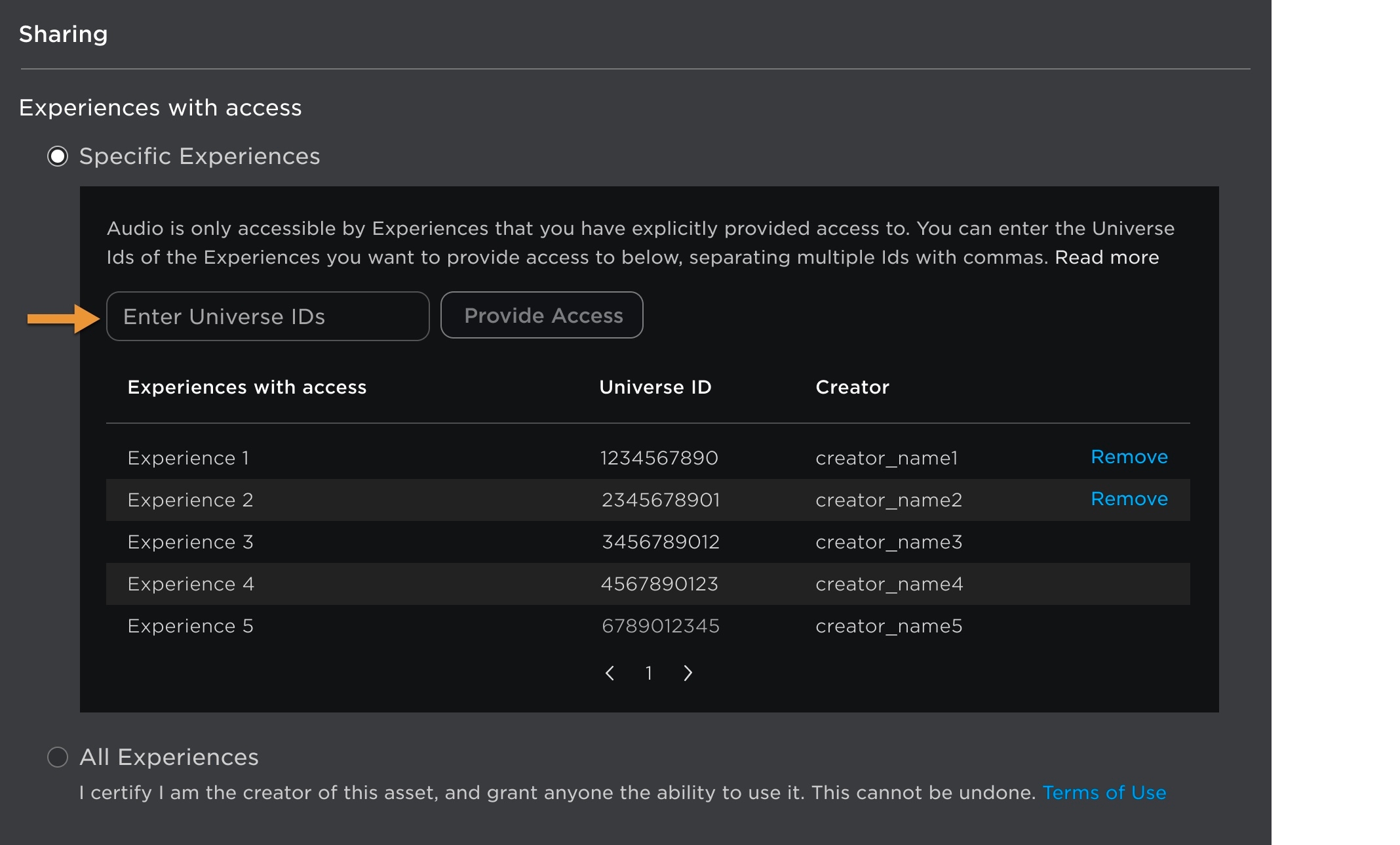 Configure page with Enter Universe IDs highlighted.