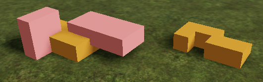 An example of a SubtractAsync operation: the left depicts a yellow part with two pink parts, which are then subtracted from the yellow part using SubtractAsync. The resulting UnionOperation is visible on the right