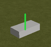 An animation of a Part with a BodyAngularVelocity applied; there is a superimposed green line visualizing the AngularVelocity property
