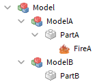 A cropped screenshot of the Explorer window. A Model contains ModelA and ModelB, which each contain a Part, PartA and PartB respectively. PartA contains a Fire object named FireA.