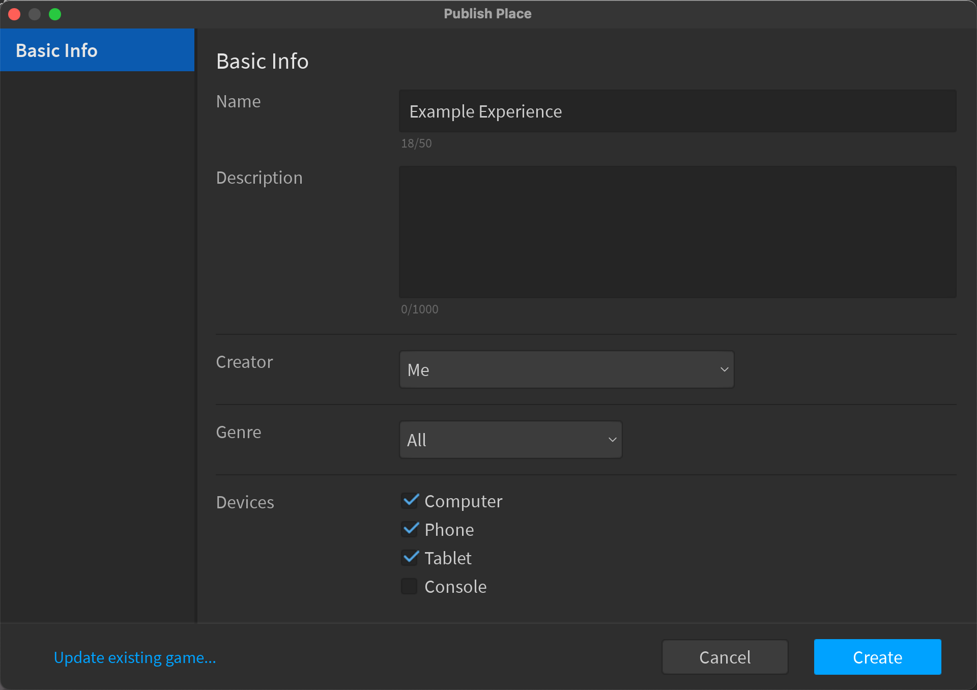 An example image of the Publish Place Dialog.