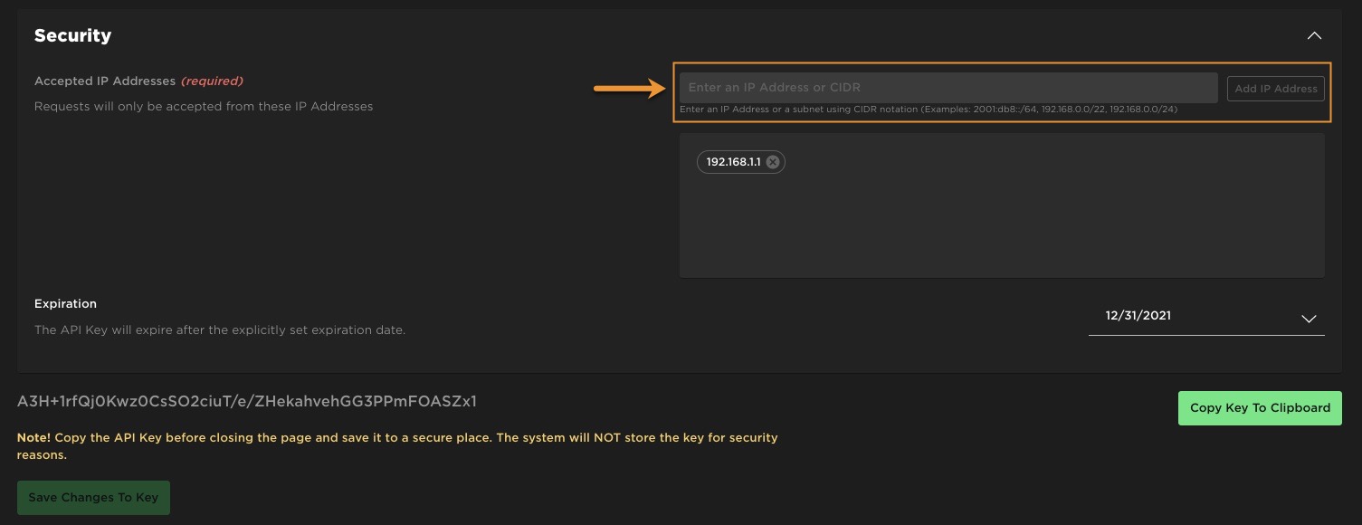 An example image of the Security section of the Credentials page with the Add IP Address button highlighted.