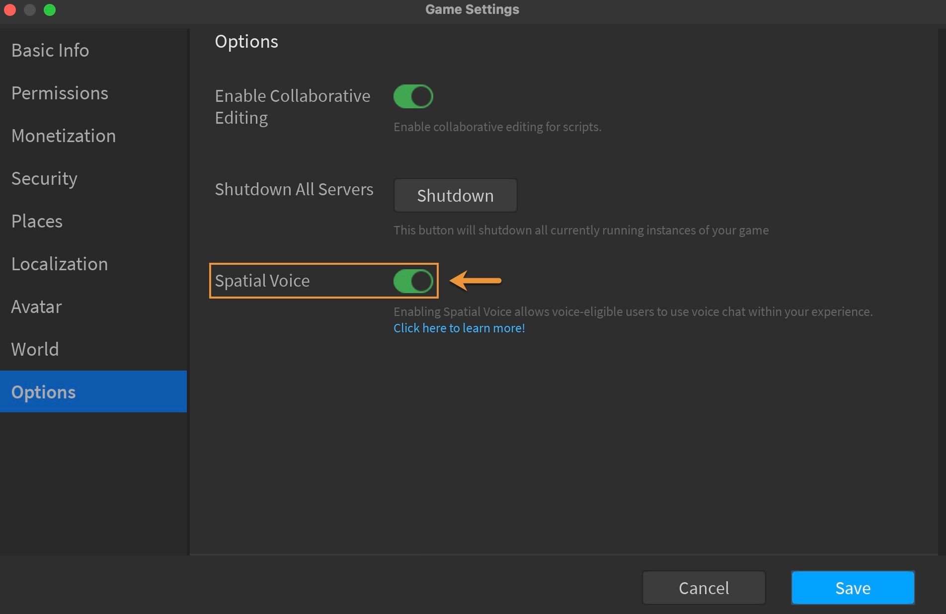 An example image of the Game Settings Dialog with Spatial Voice enabled.